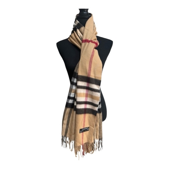 CASHMINK BY V.FRASS TAN & RED LARGE PLAID SCARF WRAP WITH FRINGE MADE IN GERMANY - Picture 5 of 5